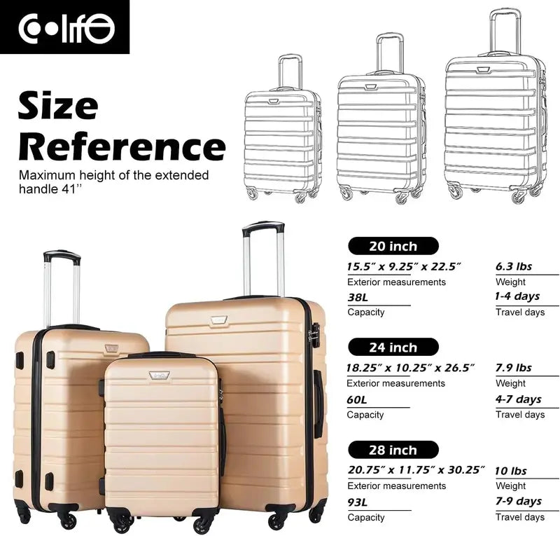 Coolife 3-Piece Lightweight Spinner Luggage Set  Hardshell Suitcases with TSA Locks