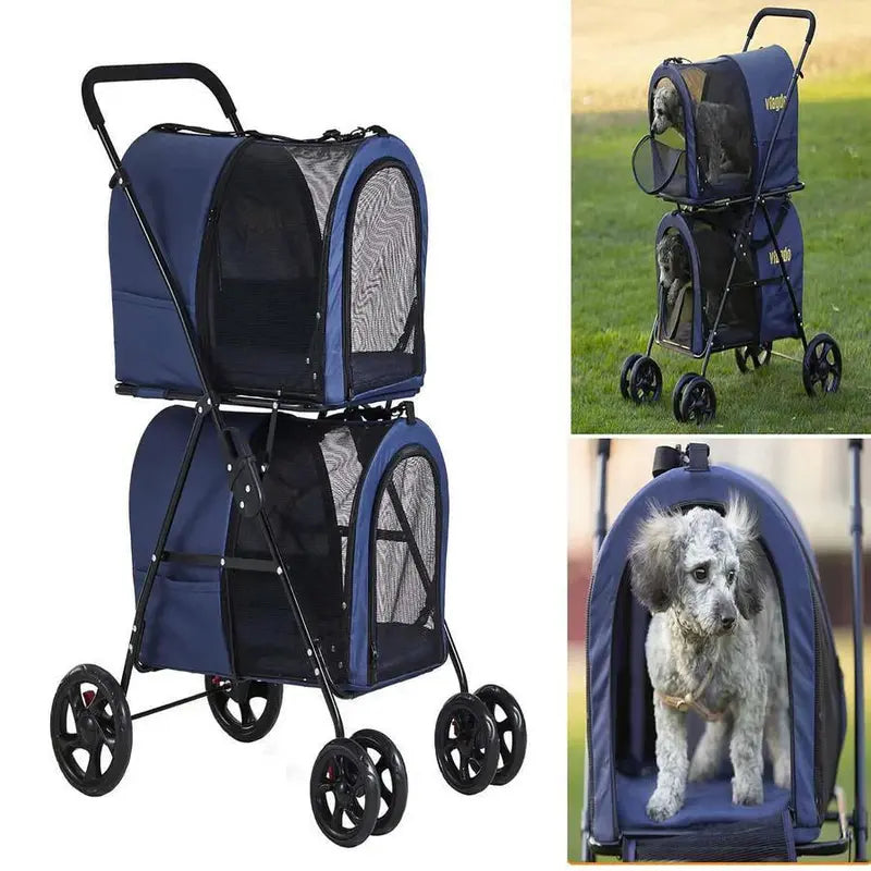 Navy Blue Double Pet Stroller  Foldable 4-Wheel Travel Carrier with Suspension for Two Dogs or Cats