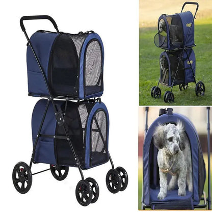 Navy Blue Double Pet Stroller  Foldable 4-Wheel Travel Carrier with Suspension for Two Dogs or Cats