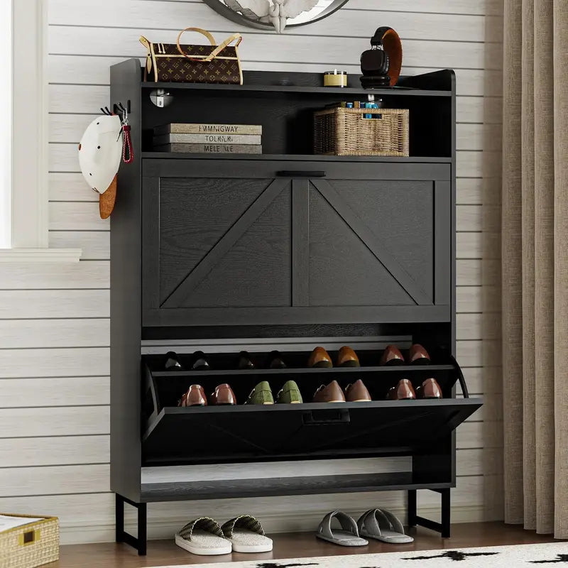 Minimalist Wooden Shoe Storage Cabinet with 2 Flip Drawers and Slim Profile