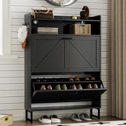 Minimalist Wooden Shoe Storage Cabinet with 2 Flip Drawers and Slim Profile