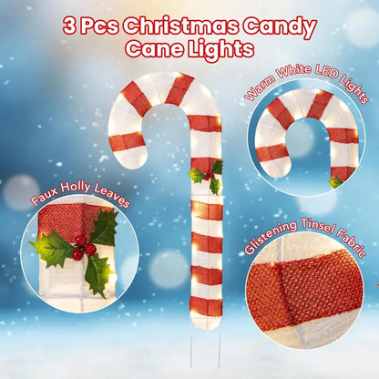 Set of 3 Lighted Candy Cane Decorations with 75 Warm White LEDs Each