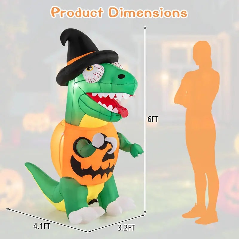 6 ft Inflatable Pumpkin Dinosaur  Yard-Sized Halloween Decoration with Integrated LED Lights & Witch Hat