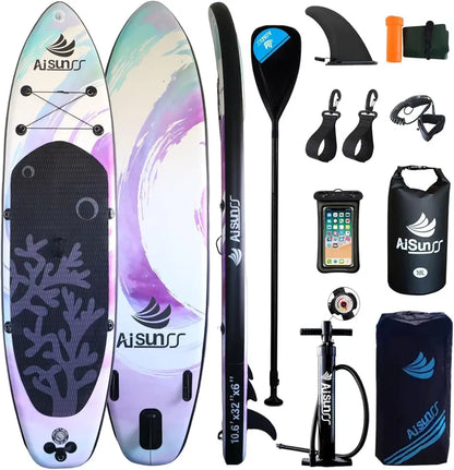Wide Inflatable SUP Board Bundle  Comes with Carry Bag, Hand Pump, 10L Dry Bag & Height-Adjustable Paddle