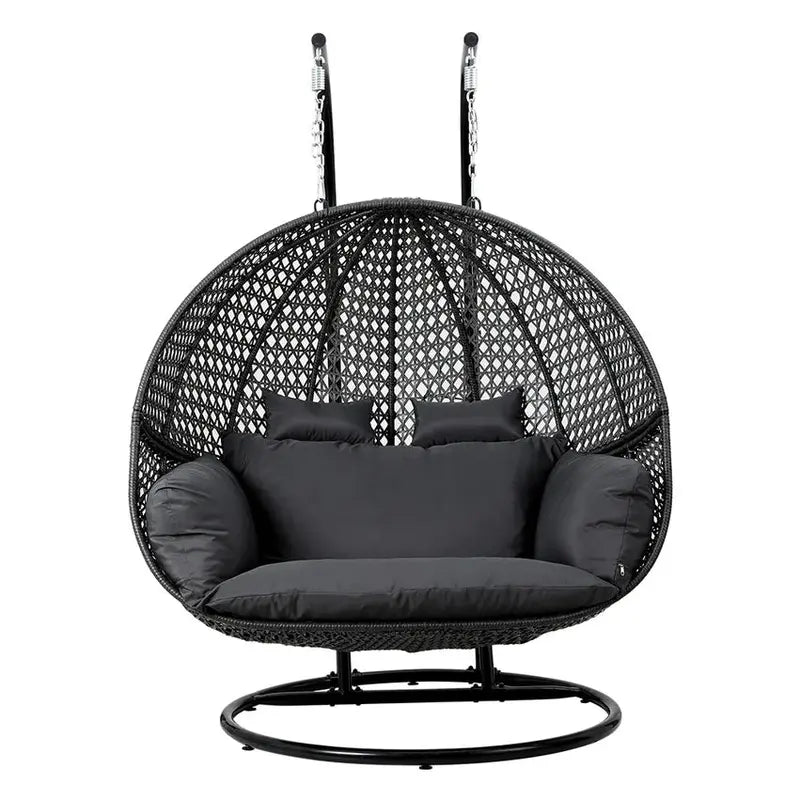 Gardeon Wicker Egg Swing Chair  Two-Person Outdoor Pod with Grey Cushions & Stand