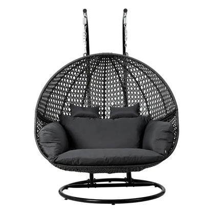 Gardeon Wicker Egg Swing Chair  Two-Person Outdoor Pod with Grey Cushions & Stand