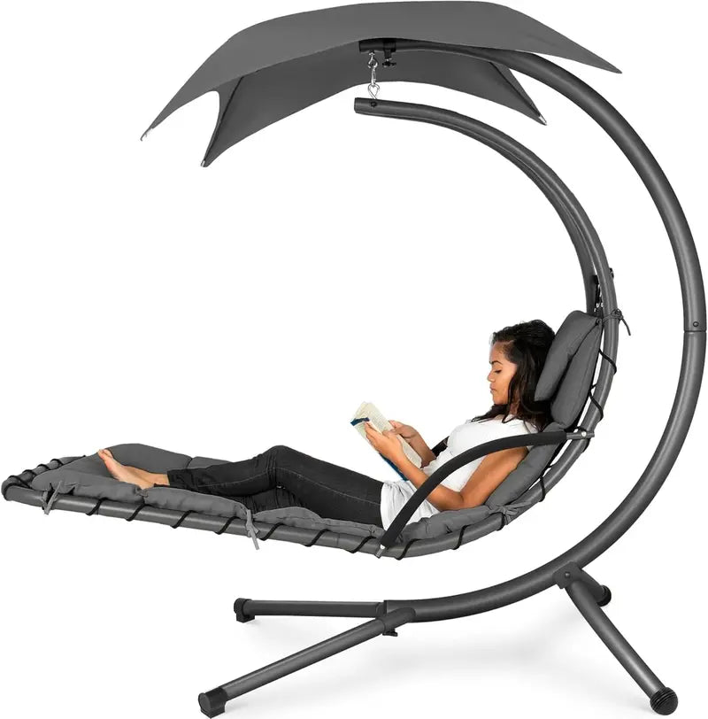 Best Choice Products Curved Hanging Steel Chaise Lounge Swing  Charcoal Gray with Pillow & Canopy