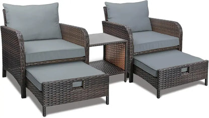 LEVELEVE 5-Piece Brown PE Wicker Patio Conversation Set with Cushioned Chairs and Tempered Glass Table