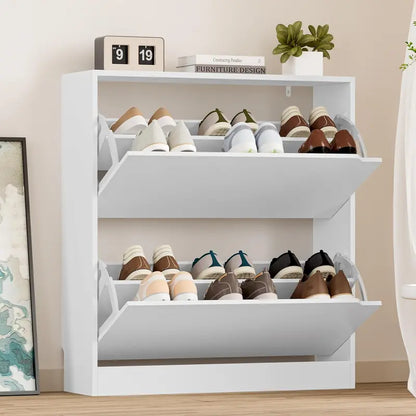 Discreet Freestanding Wood Shoe Cabinet with Three Concealed Flip Drawers