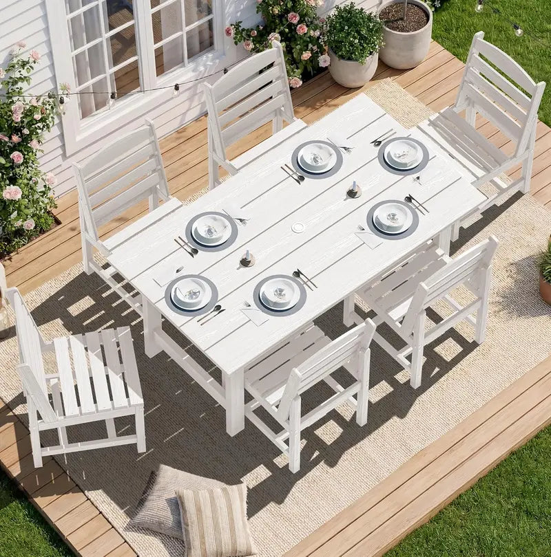 SERWALL 7-Piece Blue HDPE Outdoor Dining Set with Umbrella Hole and Stackable Chairs