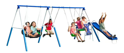 XDP Recreation All-Star Playground Metal Swing Set, 6-Leg, for 7 Kids, Heavy-Duty Steel, Includes Swings, Slide, Space Rider