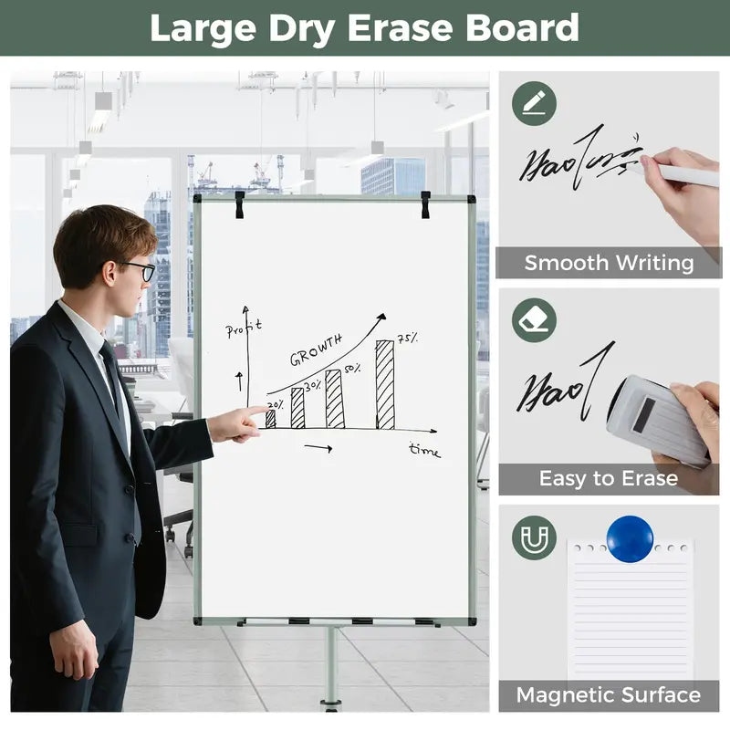 Height-Adjustable Mobile Dry Erase Board  40″ x 26″ on Stable Round Wheeled Stand