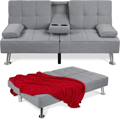 Compact Gray Linen Futon Sofa Bed  Foldable Modern Design with Detachable Armrests, Sturdy Metal Frame & Built-in Cup Holders