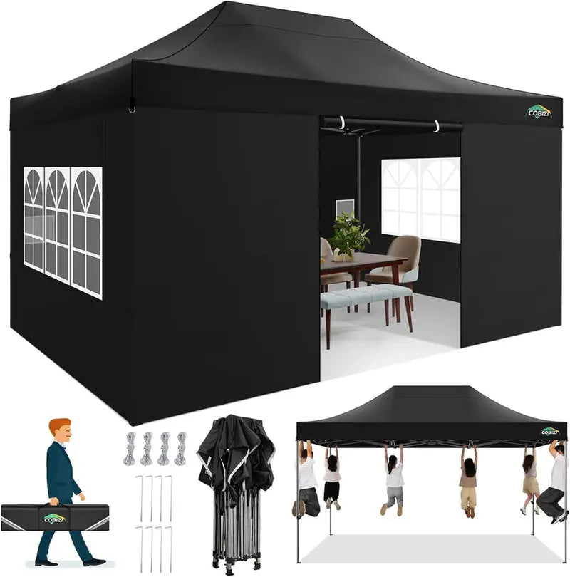 COBIZI 10×20 ft Commercial Pop-Up Canopy Tent  Heavy-Duty Frame, 6 Sidewalls, Wind/Waterproof Gazebo with Roller Bag