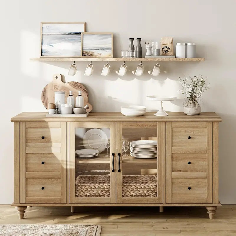 Oak-Finished Sideboard with Glass-Front Doors — Wooden Coffee Bar Cabinet for Dining or Living Room Storage