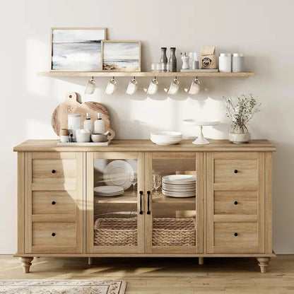 Oak-Finished Sideboard with Glass-Front Doors — Wooden Coffee Bar Cabinet for Dining or Living Room Storage