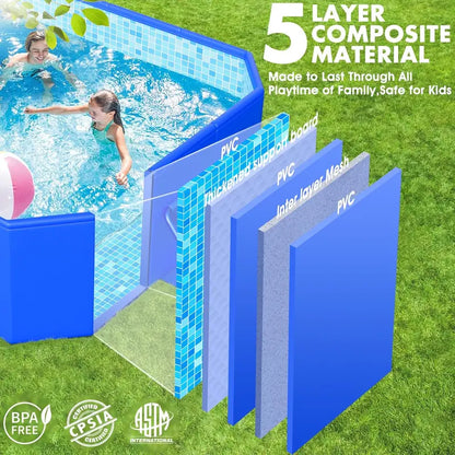 Large Collapsible Hard-Shell Pool  115″ x 66″ x 20″, Non-Inflatable Backyard Swimming Pool for Kids & Adults, Mosaic Finish
