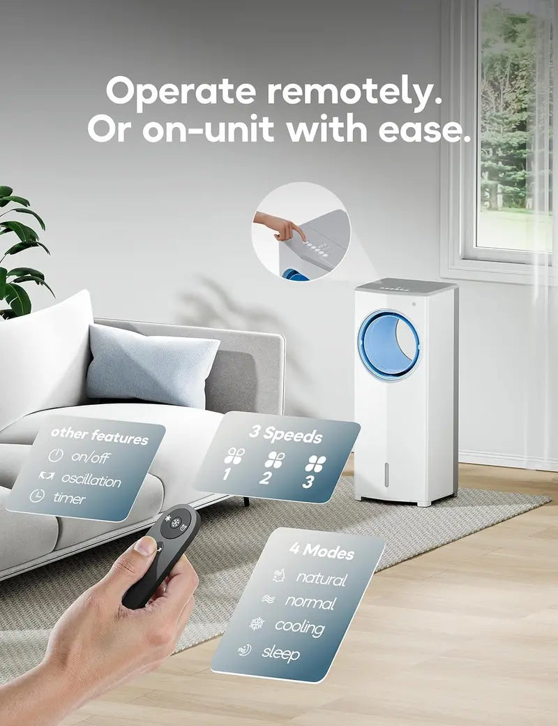 Windowless Evaporative Air Cooler  Compact 26.3″ Portable Unit with 3 Speeds, 4 Modes, 7-Hour Timer, Ice Packs & Remote for Bedroom Use