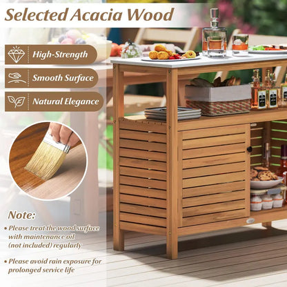 Garden Potting Bench with Storage  Two-Door Acacia Cabinet & Faux Marble Work Surface