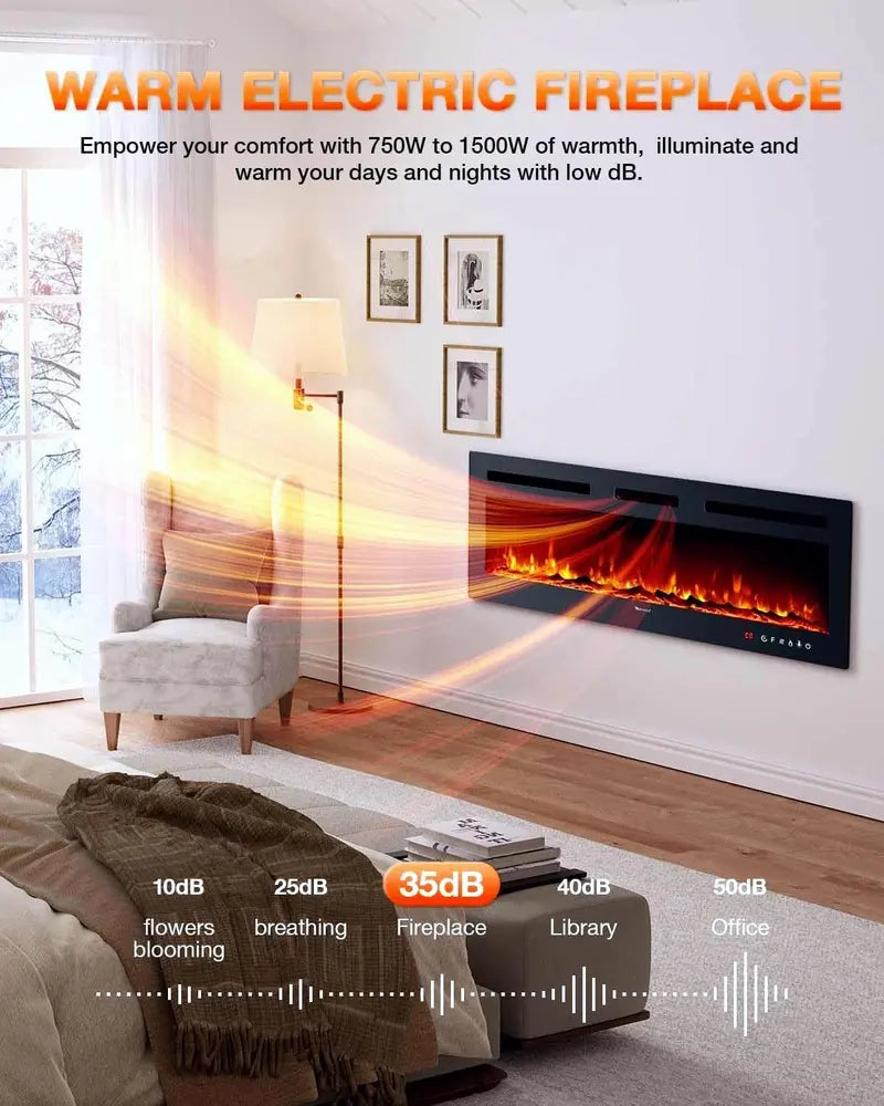 60-Inch Wall-Mounted Electric Fireplace Heater with Timer  Fits Inside TV Stand or Recessed Setup
