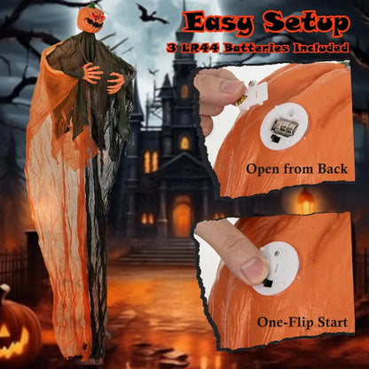 6 ft Hanging Ghost Pumpkin Man  Animated Halloween Decor with Red LED Eyes & Articulating Limbs
