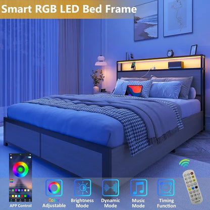 Lifezone Queen Platform Bed  2-Tier Storage Headboard with Charging Station, LED Lights & Quiet Metal Support