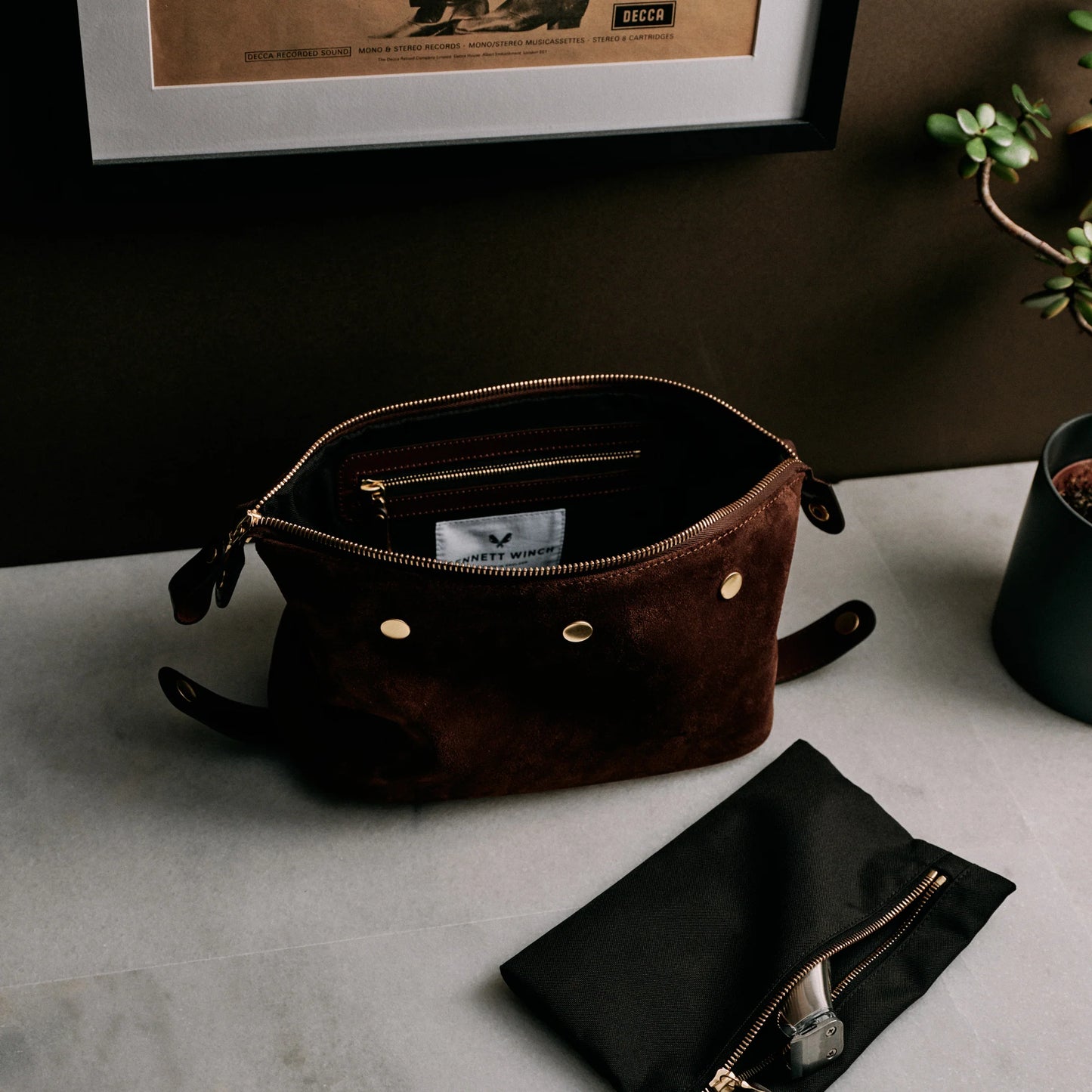 Suede Wash Bag / Dopp Kit - Tobacco Brown