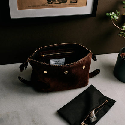 Suede Wash Bag / Dopp Kit - Tobacco Brown