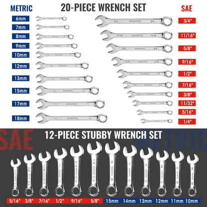 WORKPRO 32-Piece SAE & Metric Combination Wrench Set  12-Point Regular & Stubby Styles