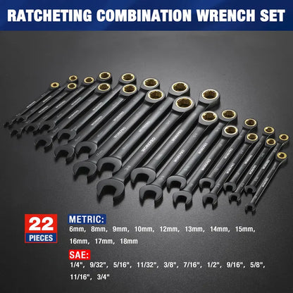 WORKPRO 22-Piece Flex-Head & Standard Ratcheting Wrench Set  Metric & SAE, Anti-Slip Grip with Storage Box