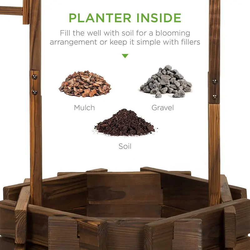 Rustic Wooden Wishing Well Planter with Hanging Bucket  Outdoor Garden Décor by Best Choice Products