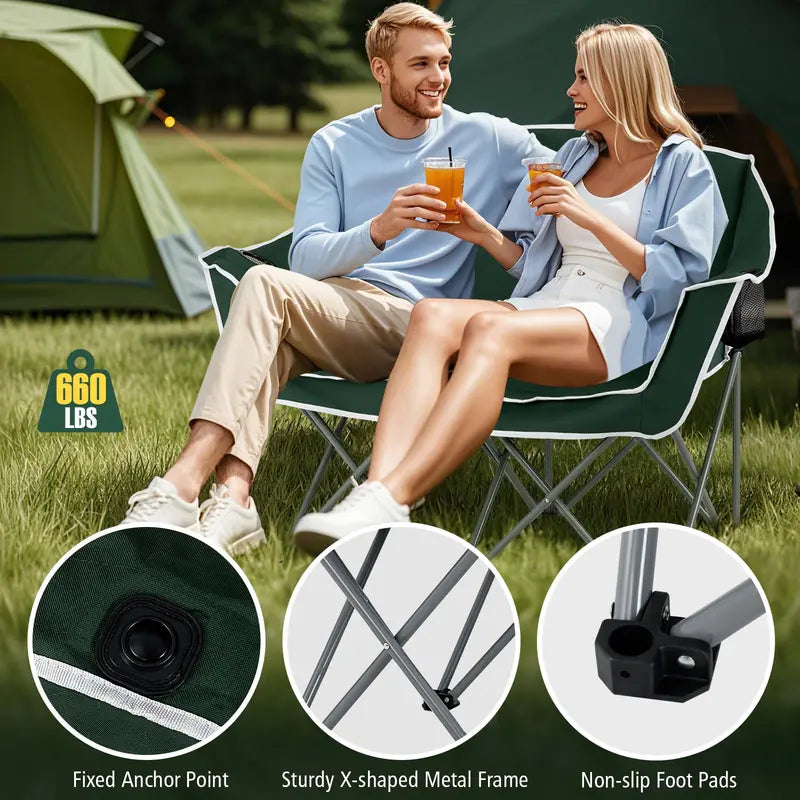 Dual-Seat Folding Outdoor Couch with Cup Holders and Back Pockets