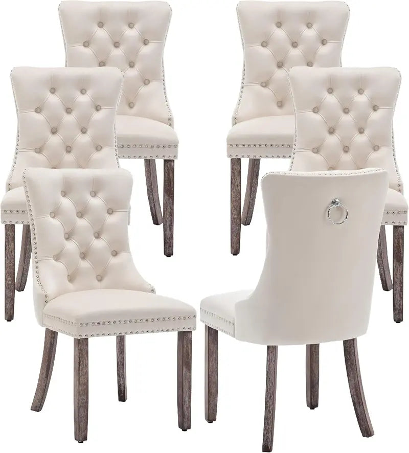 Set of 6 Beige Velvet Dining Chairs with Ring Pull and Nailhead Accents  Tufted Luxury Seating for Dining Room, Living Room, or Kitchen