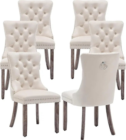 Set of 6 Beige Velvet Dining Chairs with Ring Pull and Nailhead Accents  Tufted Luxury Seating for Dining Room, Living Room, or Kitchen