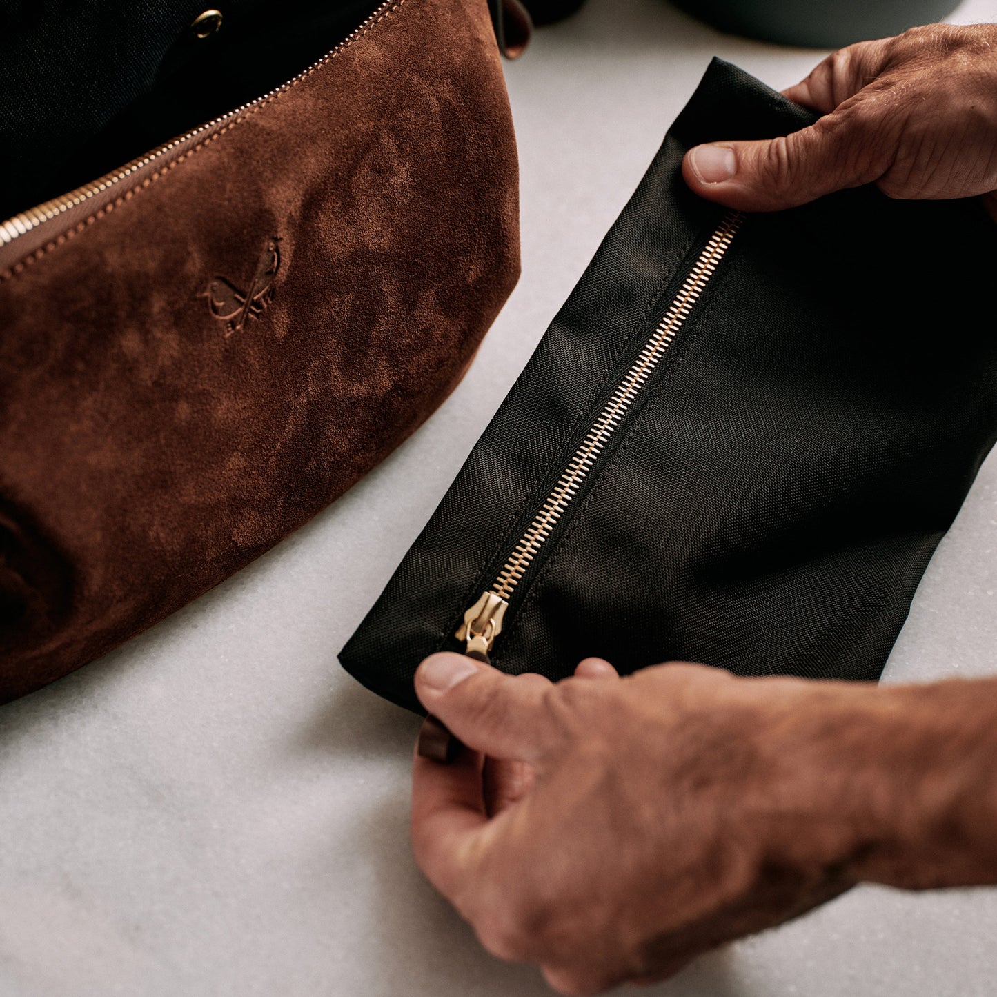 Suede Wash Bag / Dopp Kit - Tobacco Brown