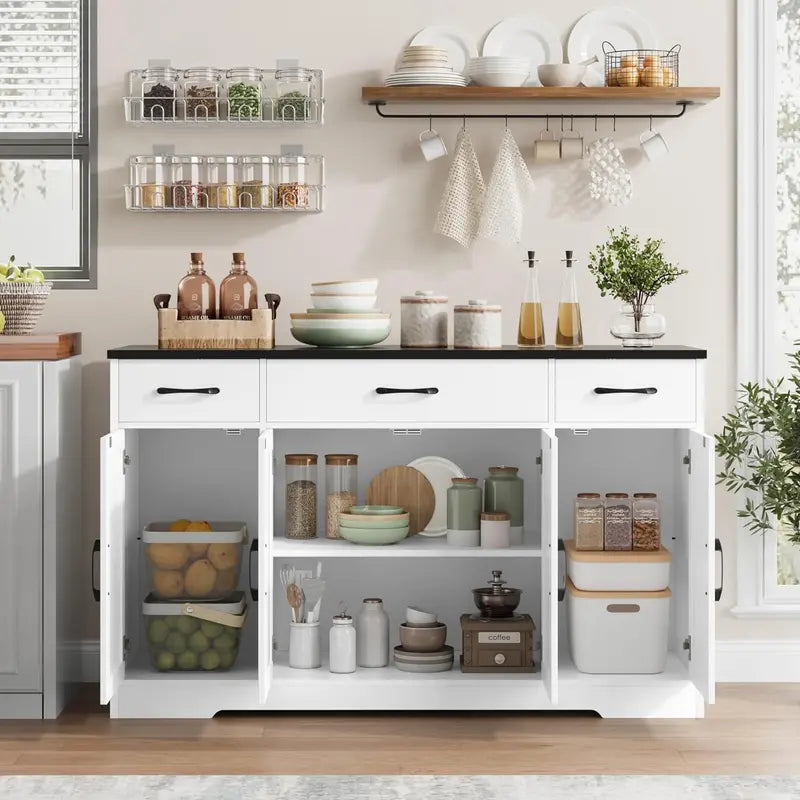 HOSTACK Modern Farmhouse Buffet Cabinet  55-Inch Wooden Sideboard with Drawers, Shelves & Doors for Coffee Bar or Dining Room Storage