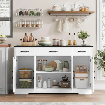 HOSTACK Modern Farmhouse Buffet Cabinet  55-Inch Wooden Sideboard with Drawers, Shelves & Doors for Coffee Bar or Dining Room Storage