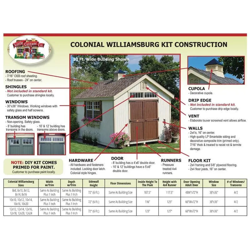 Colonial Williamsburg 10′ x 16′ Hybrid Wood Storage Shed  Solid + Engineered Lumber Construction