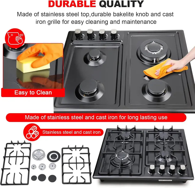 FORIMO 22-Inch Built-In Gas Cooktop  Stainless Steel 4-Burner Stovetop for Seamless Kitchen Integration