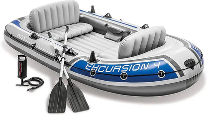 Excursion Inflatable Fishing Boat  SuperTough PVC, Adjustable Backrest Seats, Rod Holders, Welded Oar Locks, Includes High-Output Pump & Oars