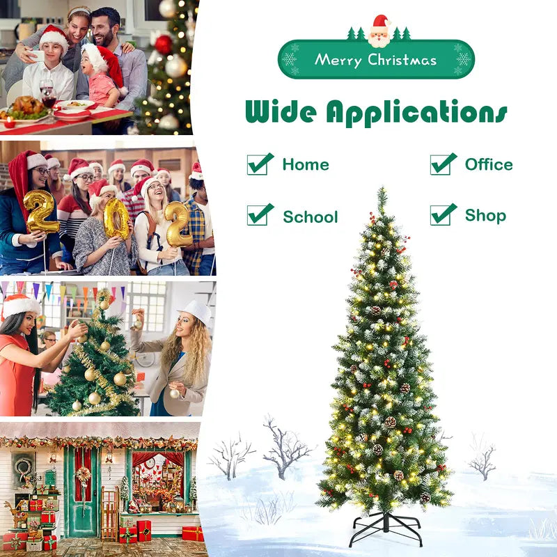 5-Foot Pre-Lit Slim Pencil Christmas Tree with Realistic Snow-Flocked Design