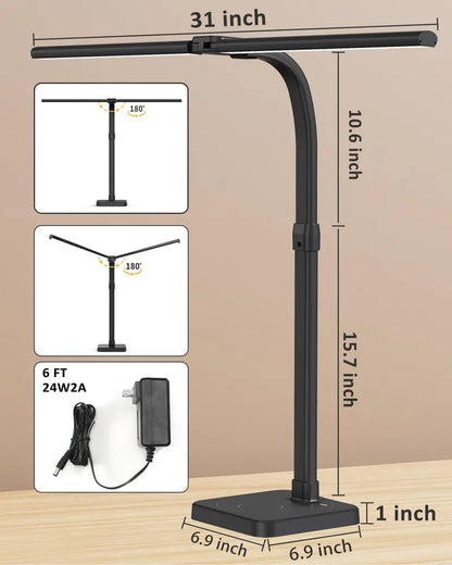 Dual-Head Architect LED Desk Lamp  24W, Flexible Gooseneck, 5 Brightness Settings
