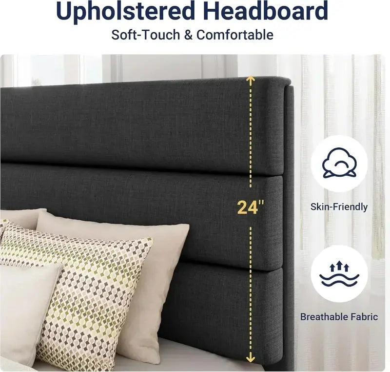 Allewie King Platform Bed Frame  Velvet-Upholstered Headboard with Solid Wood Slats