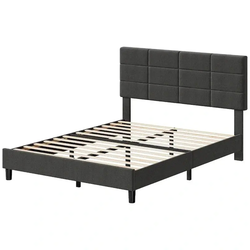 Linen-Finished Platform Bed Frame with Solid Wood Slats and Supportive Base