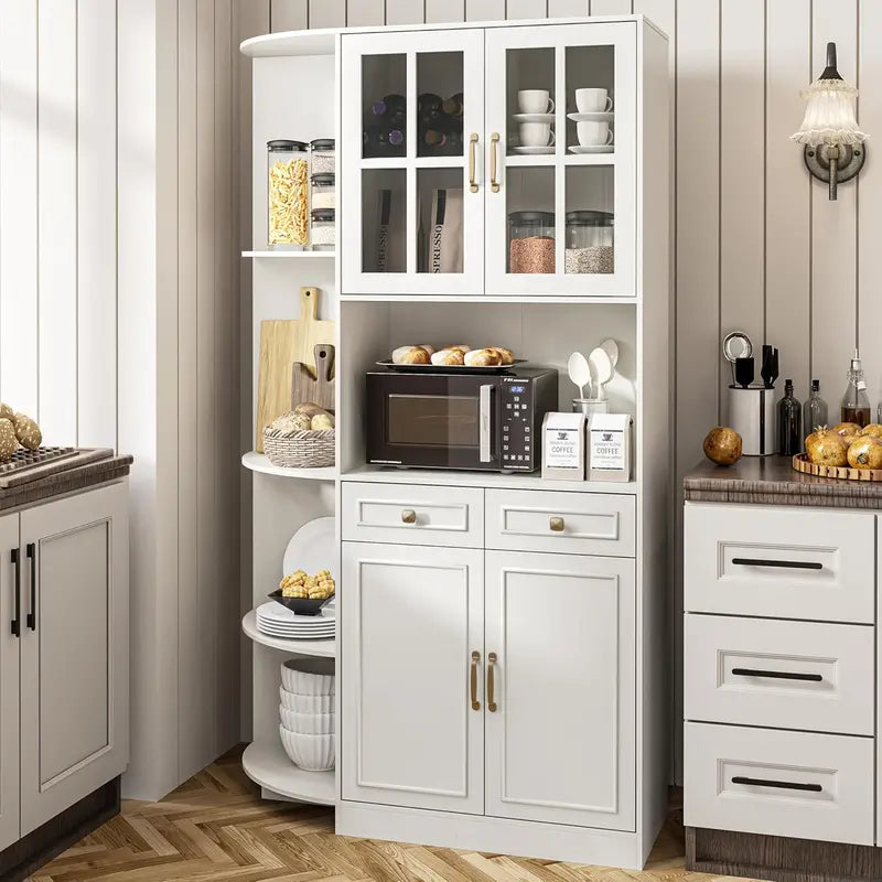 71″ Tall Kitchen Hutch Cabinet  Glass-Front Pantry Storage Unit with Open Shelving & Display Space