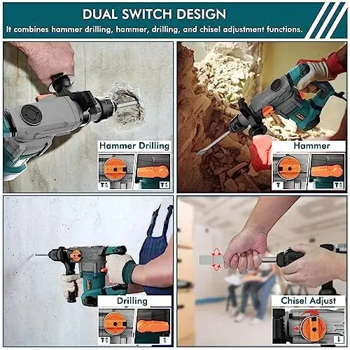 GLORY Heavy-Duty Rotary Hammer Drill  Aluminum Housing with 5-Piece Bit Set