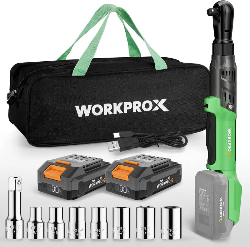 WORKPROX 20V Dual-Socket Cordless Ratchet Wrench Kit  1/2″ & 3/8″ Drive, 74 Ft-Lbs Torque, Includes Two Batteries