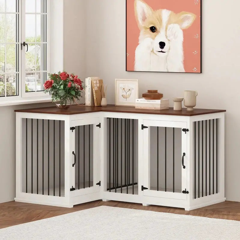 L-Shaped Corner Dog Crate Furniture  Dual-Dog Enclosure (58.7″ x 41.1″) with Concealed Design