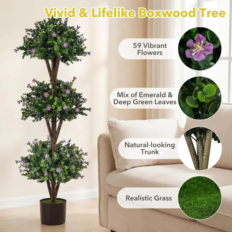 51-Inch Artificial Triple-Ball Boxwood Topiary Tree with 59 Blossoms and Weighted Plastic Pot