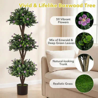 51-Inch Artificial Triple-Ball Boxwood Topiary Tree with 59 Blossoms and Weighted Plastic Pot
